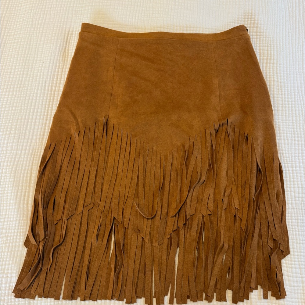 Stretch Fringed Tan MicroSuede Skirt